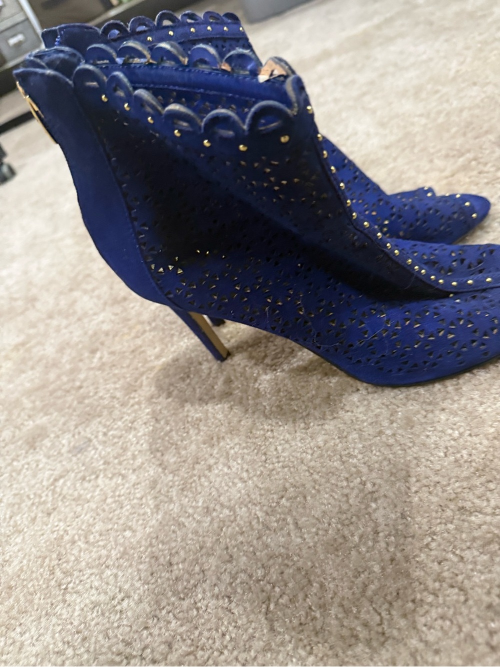 Marc Fisher Royal Blue Scalloped Ankle Boots with Gold Studs